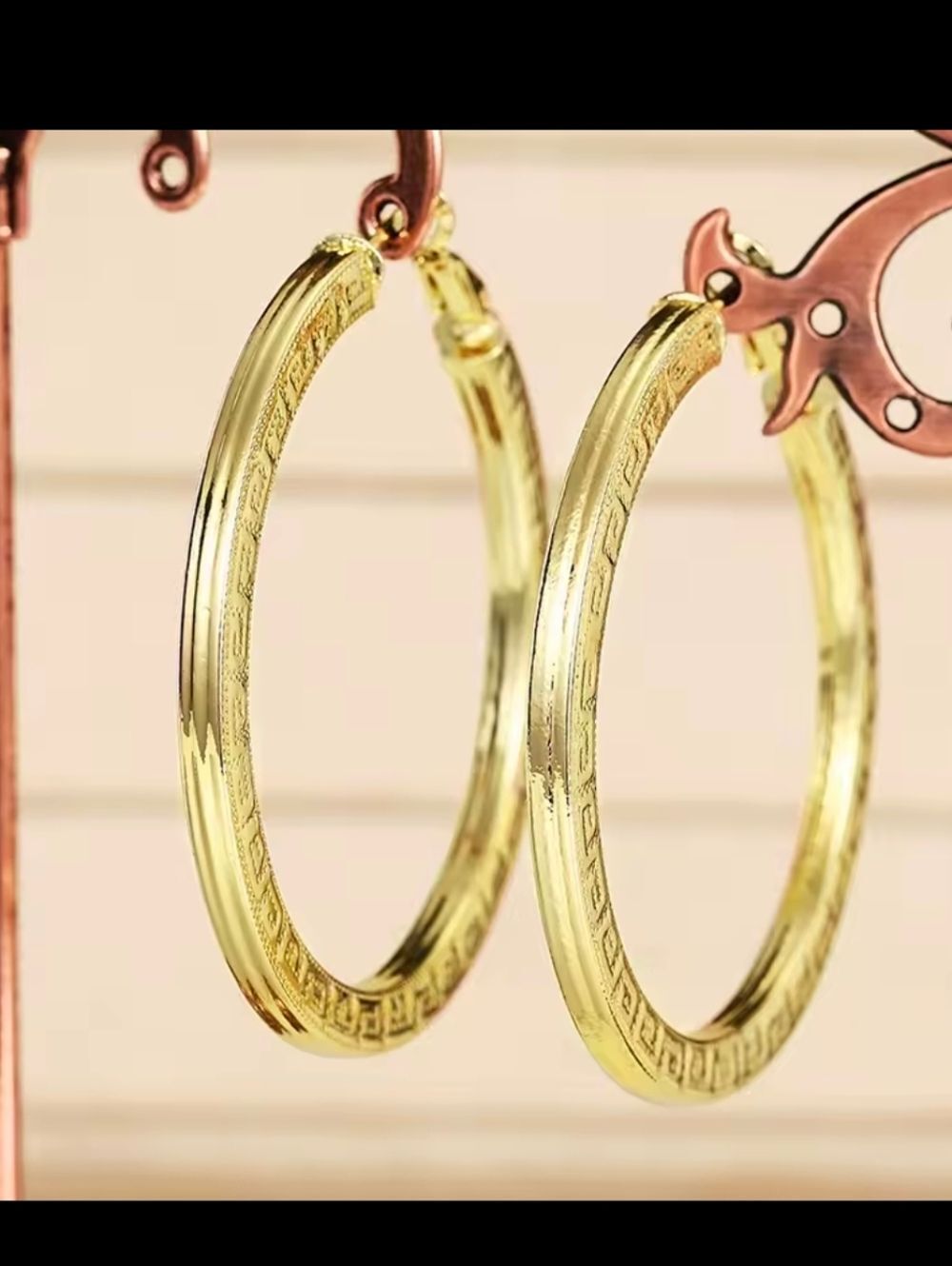 Designer Inspired 18K Gold Plated Greek Design Hoop Earrings - Picture 5 of 8